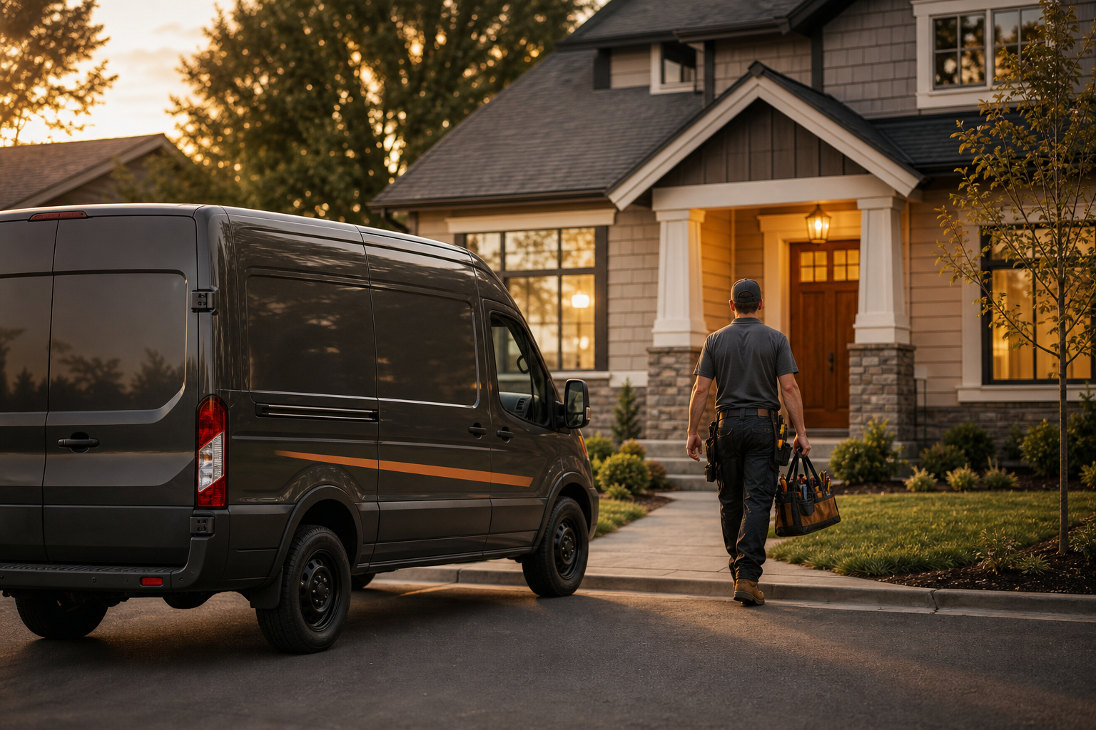 Handyman arriving at a residential home from a clean branded service van at golden hour
