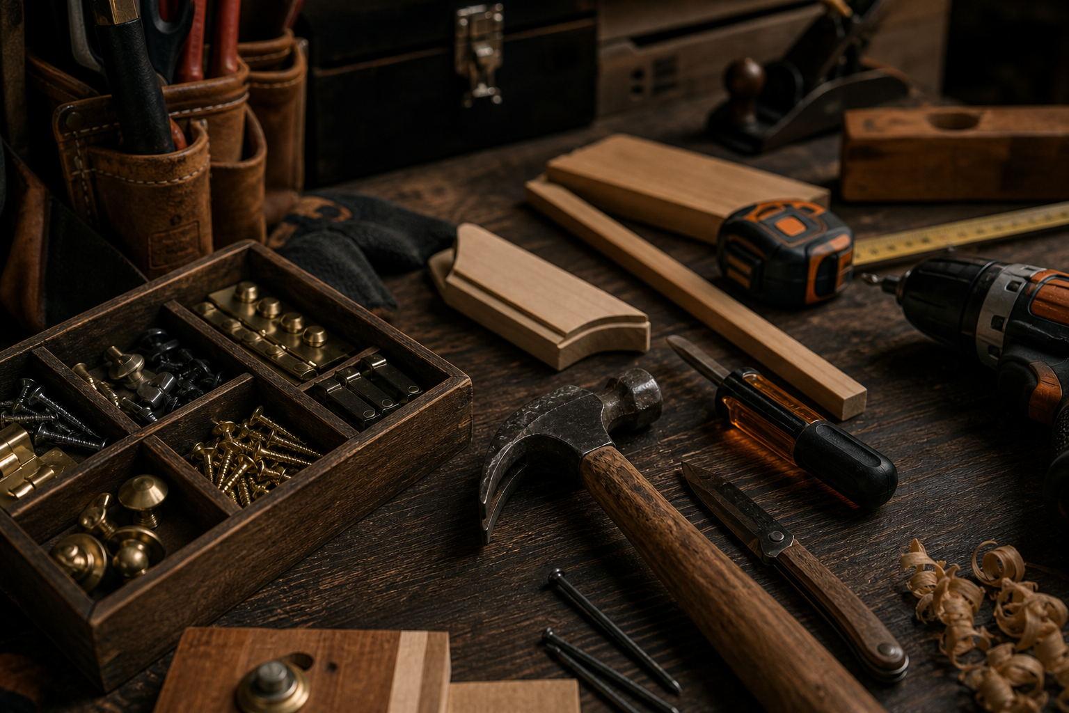 Organized premium workbench with hand tools and finish hardware
